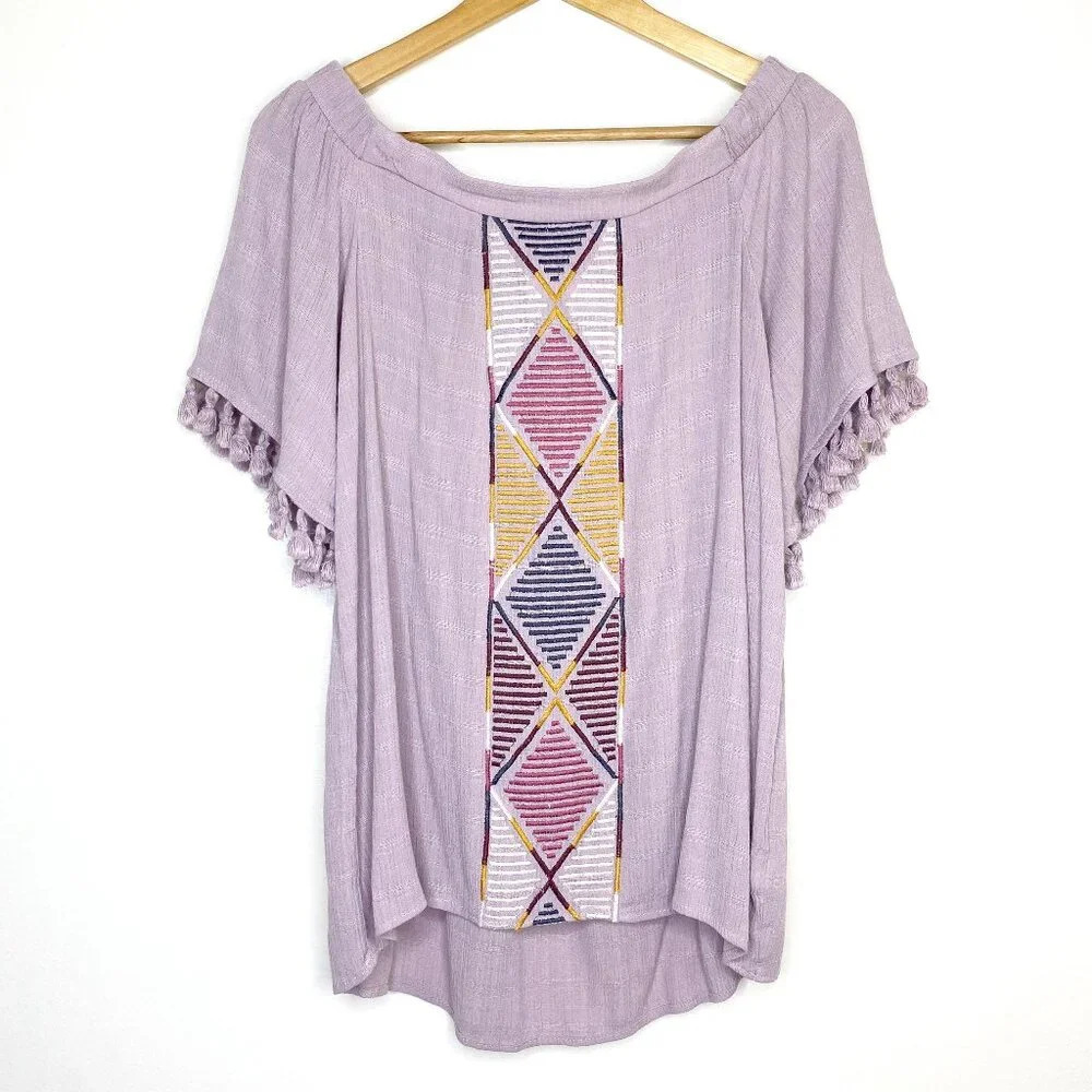 Knox Rose Lilac Embroidered Peasant Blouse S Fringe Boho Short Sleeve Geometric